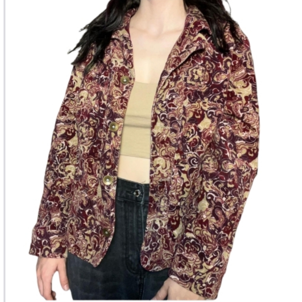 Christopher & Banks Burgundy & Tan Abstract Jacket Size Large Petite